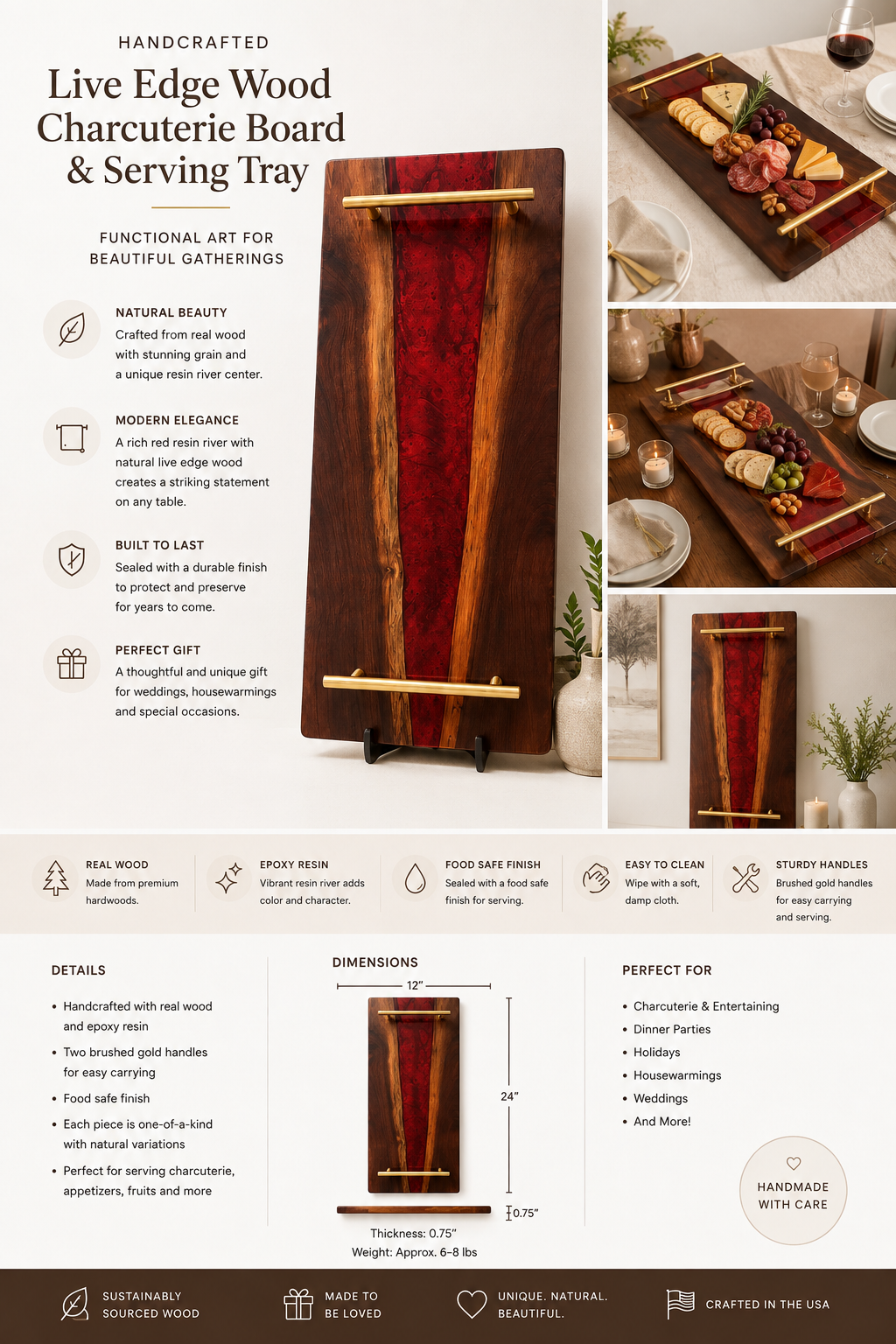 Walnut Wood Resin River Serving Tray | Wine Red Epoxy Charcuterie Board with Handles
