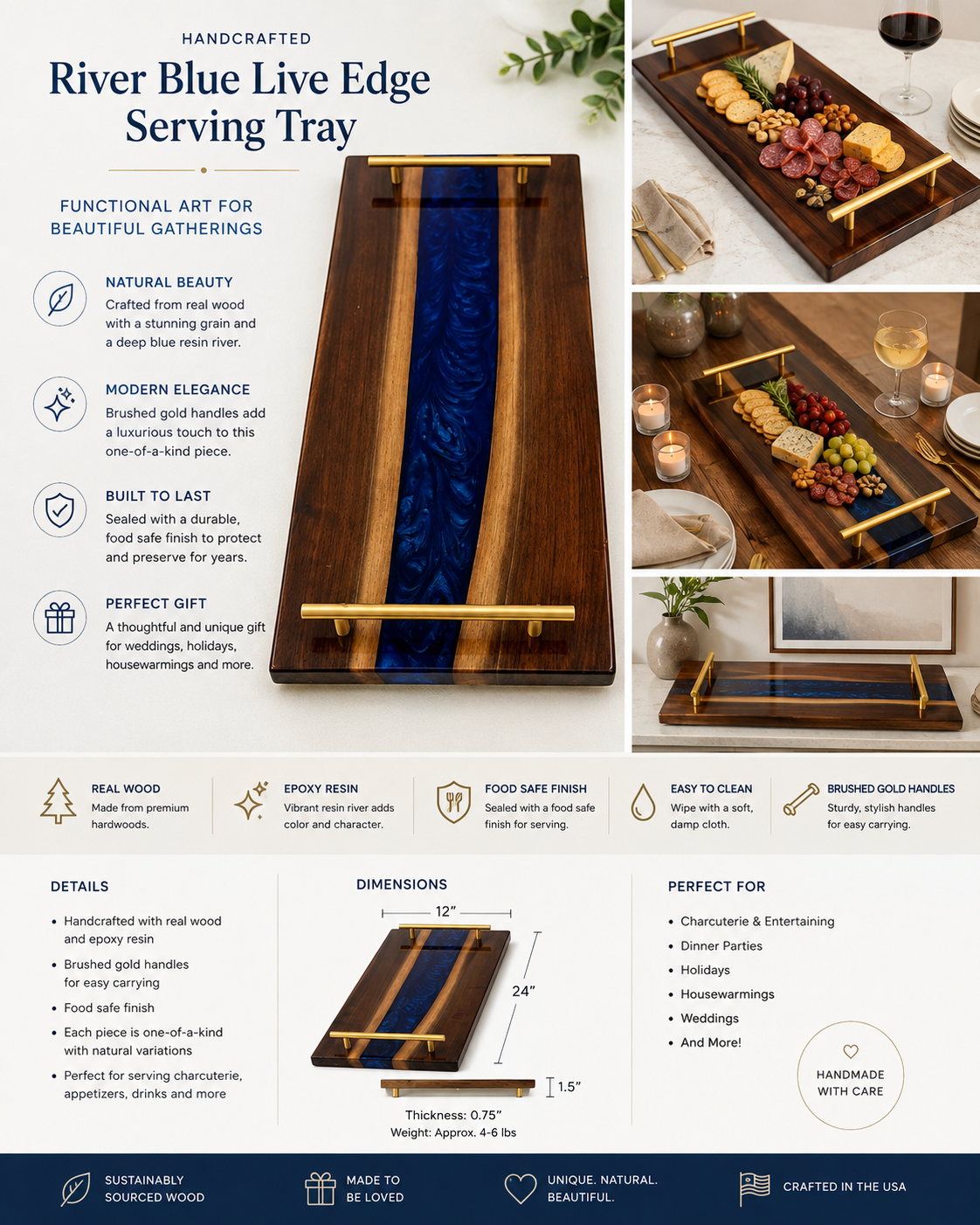 Blue Resin Walnut Serving Tray with Gold Handles, Coastal Kitchen Decor