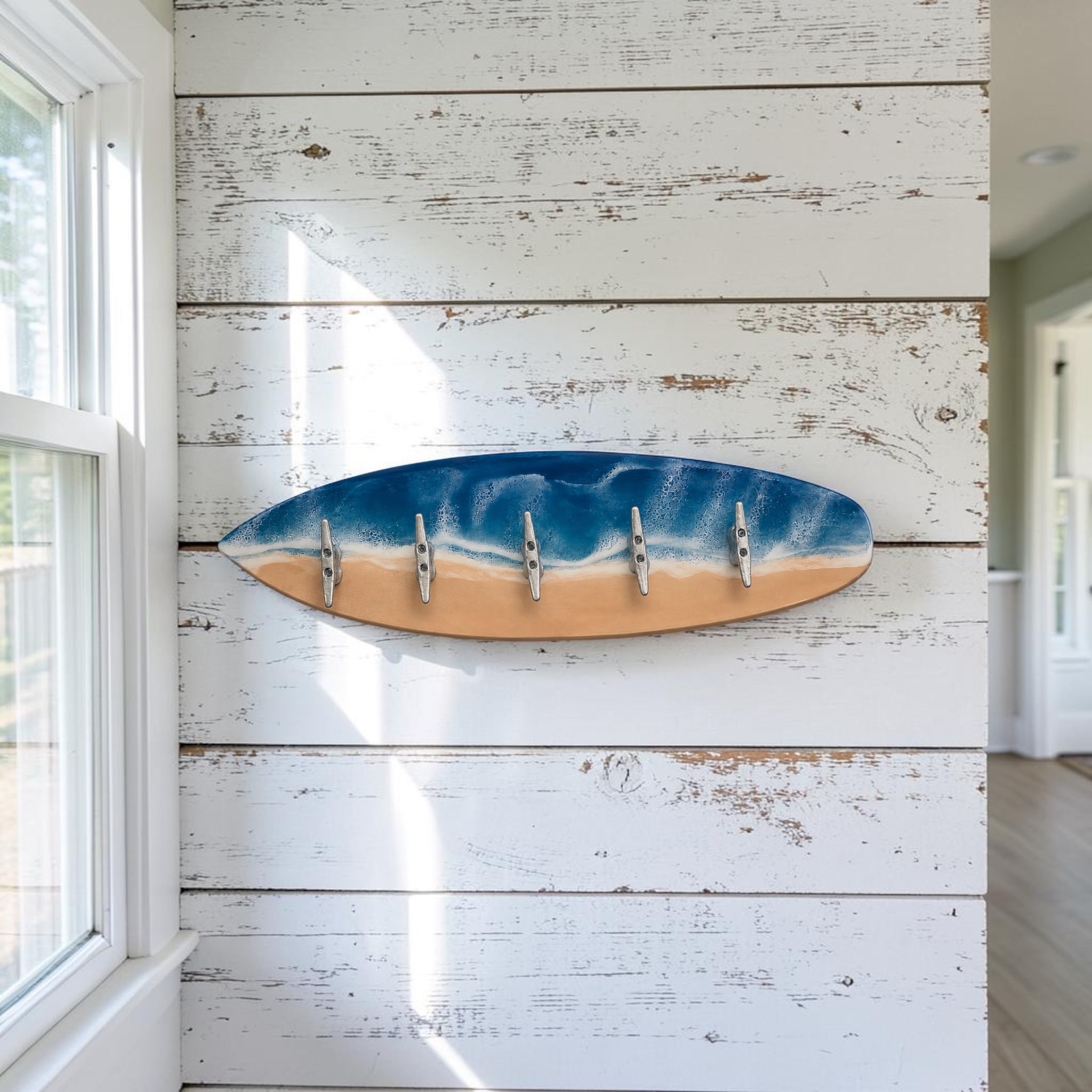 Surfboard Wall Hook with Marine Cleats. Coastal Resin Beach Decor. Towel Rack.