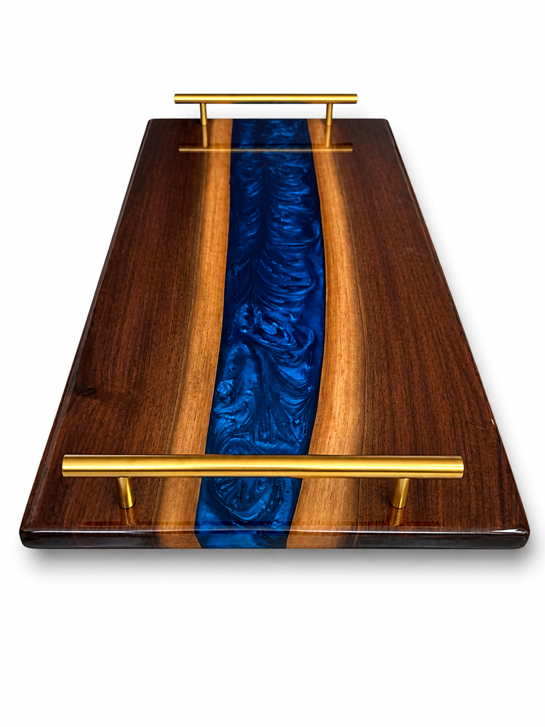 Blue Resin Walnut Serving Tray with Gold Handles, Coastal Kitchen Decor