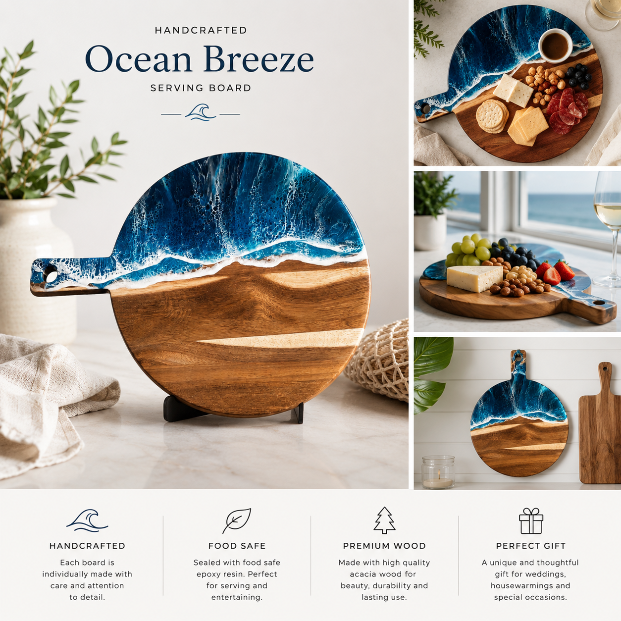 Ocean Wave Charcuterie Board 15x20 Resin Serving Board Coastal Beach Decor