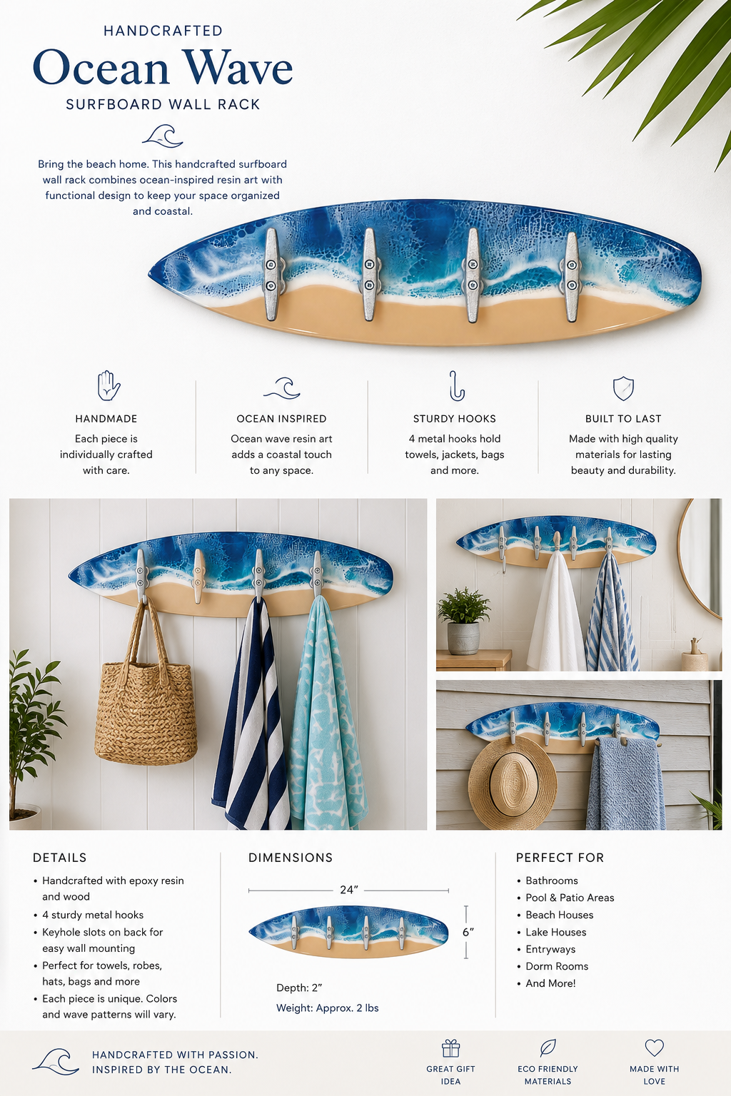 Coastal Surfboard Wall Mounted Hook Rack