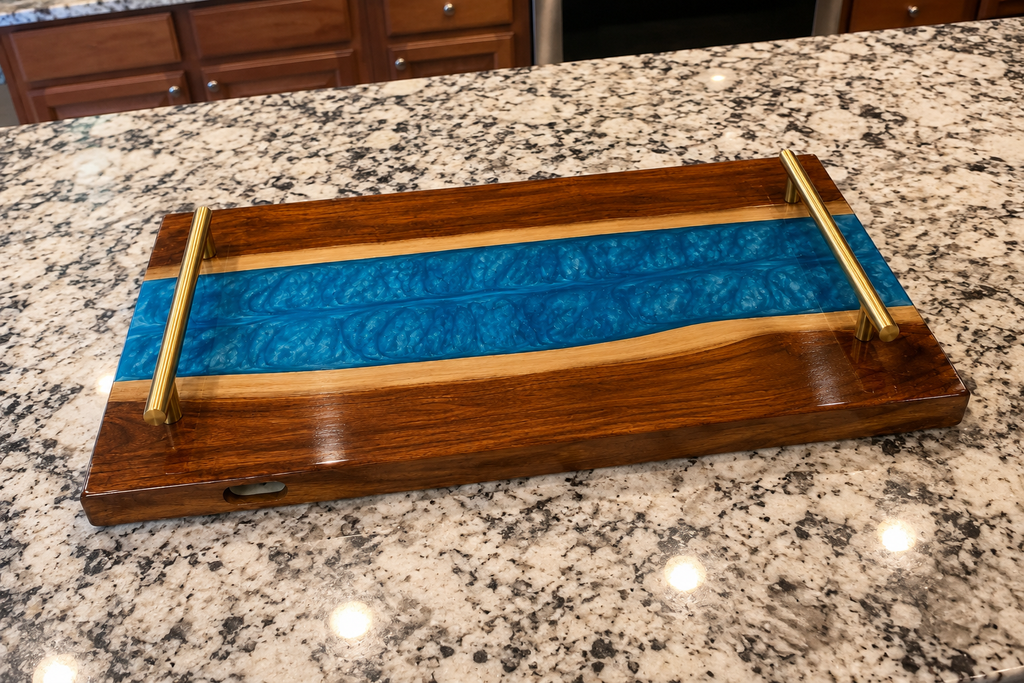 Ocean Blue Resin & Walnut Serving Tray