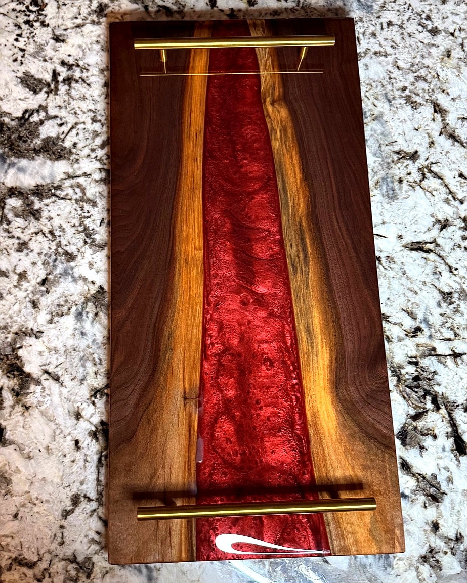 Walnut Wood Resin River Serving Tray | Wine Red Epoxy Charcuterie Board with Handles