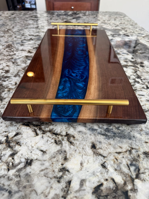 Blue Resin Walnut Serving Tray with Gold Handles, Coastal Kitchen Decor