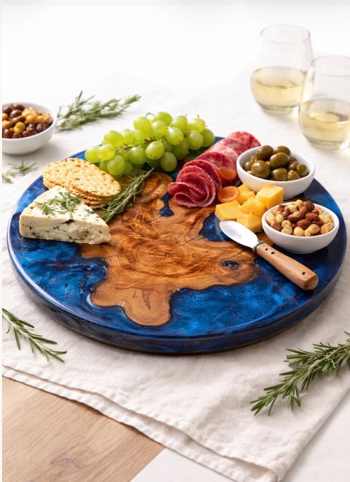 Coastal Olive Wood Resin Lazy Susan, Blue Ocean Serving Board, Beach House Kitchen Turntable
