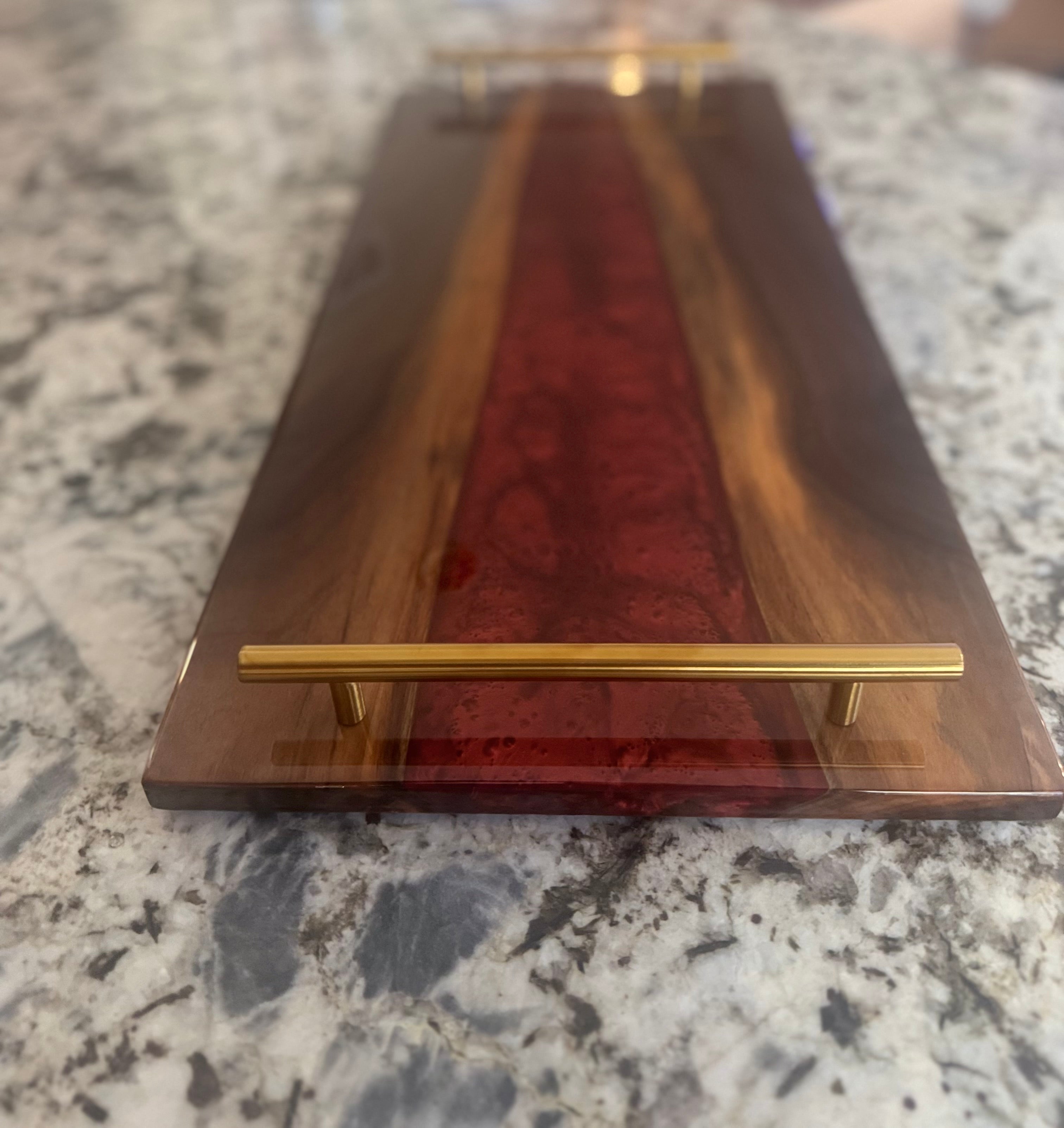 Walnut Wood Resin River Serving Tray | Wine Red Epoxy Charcuterie Board with Handles