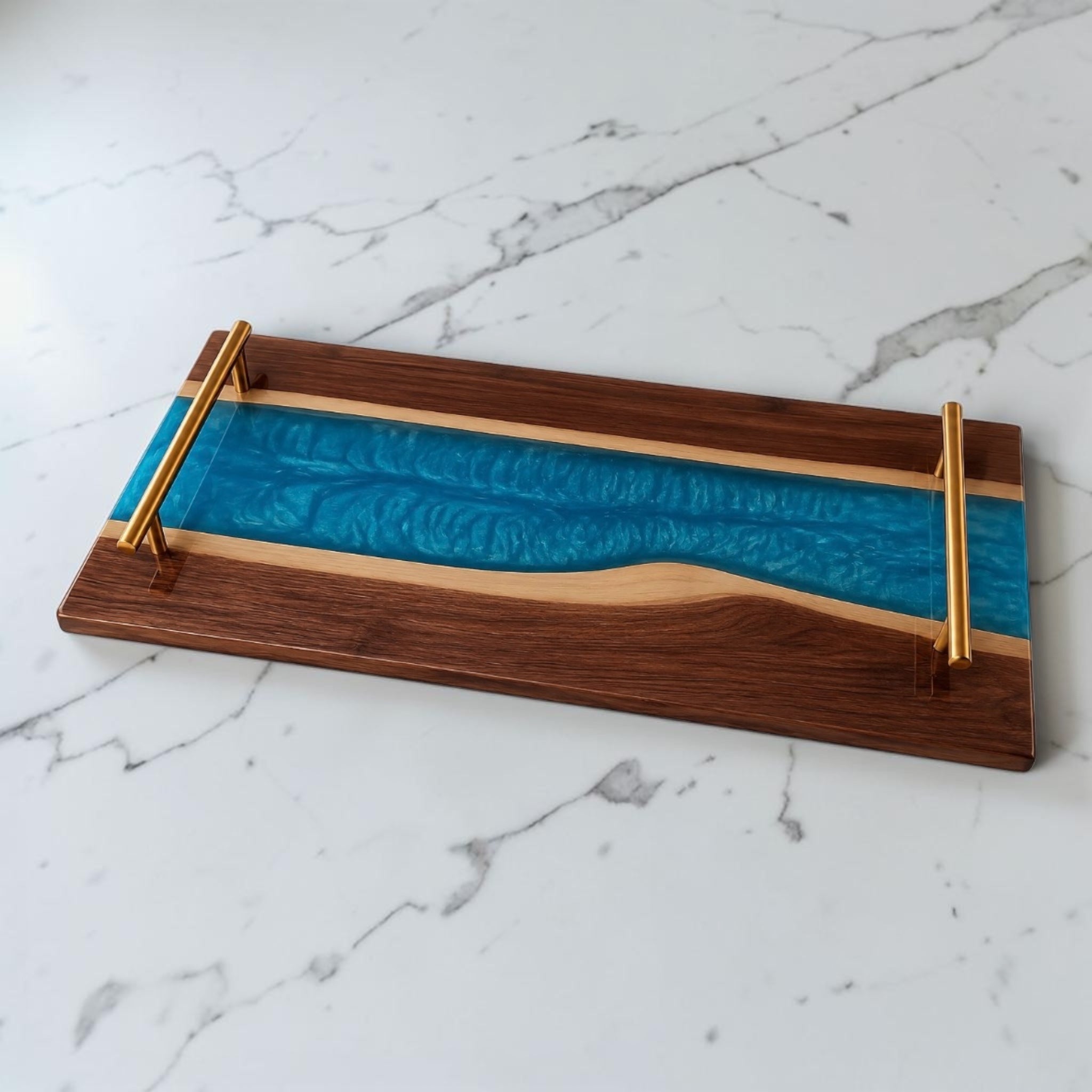 Ocean Blue Resin & Walnut Serving Tray