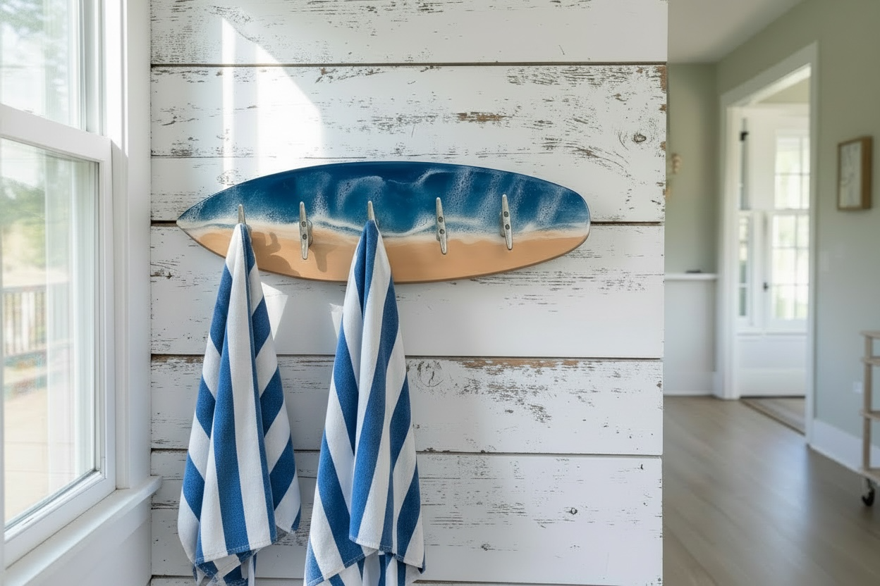 Surfboard Wall Hook with Marine Cleats. Coastal Resin Beach Decor. Towel Rack.