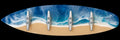 Inspired by Lyss surfboard wall hook rack with blue ocean resin waves and four metal nautical cleat hooks.