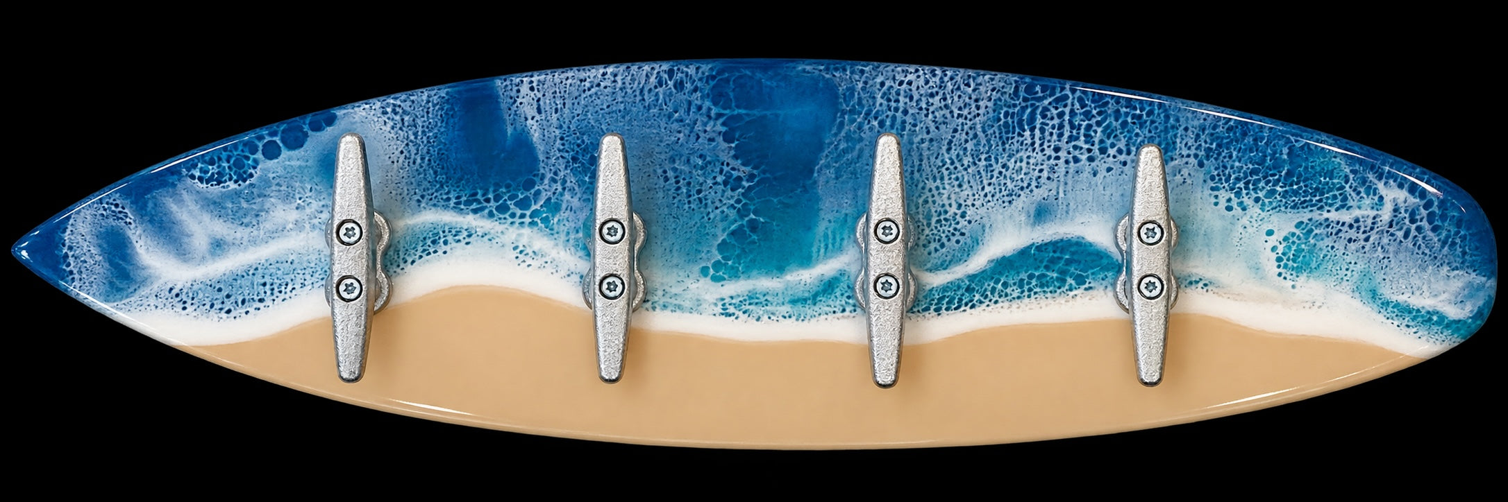 Inspired by Lyss surfboard wall hook rack with blue ocean resin waves and four metal nautical cleat hooks.