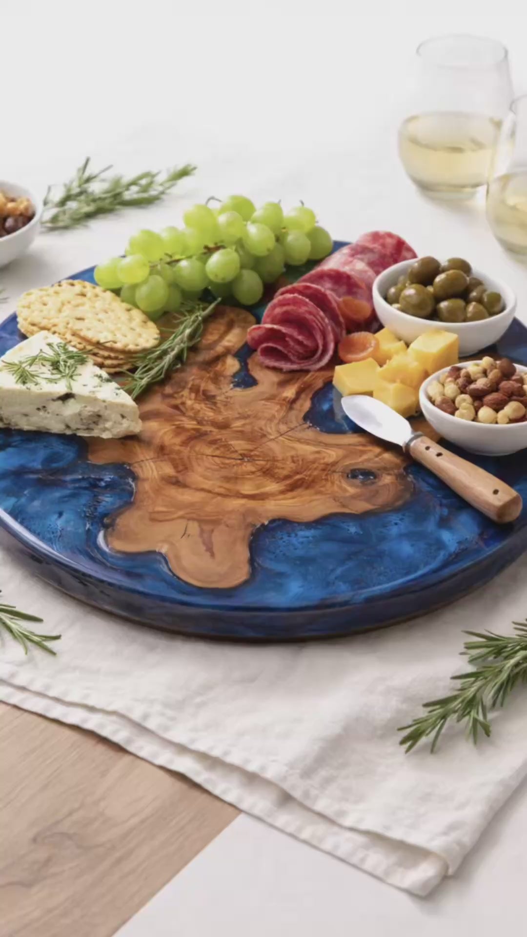 Coastal Olive Wood Resin Lazy Susan, Blue Ocean Serving Board, Beach House Kitchen Turntable